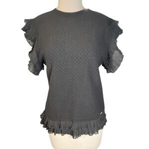 Marc New York Andrew Marc Ruffle Sleeve Knit Top Black Pleated Hem Large Chic